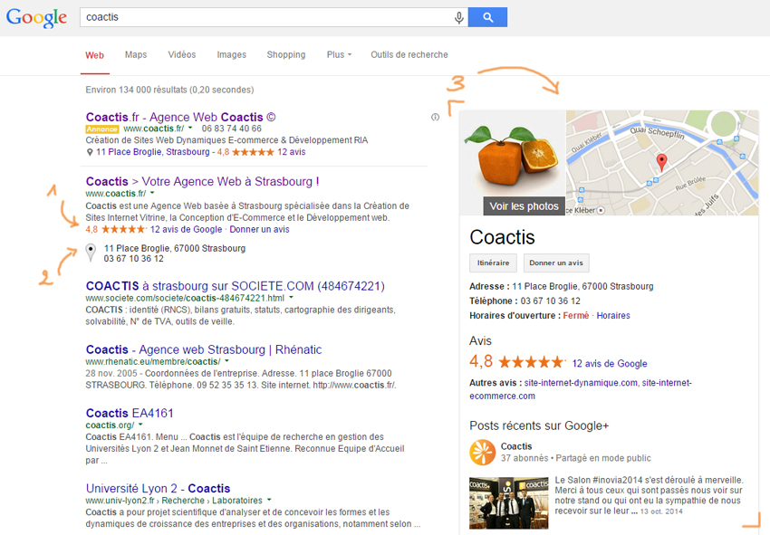 Serp enrichie de Coactis grâce à Google My Business